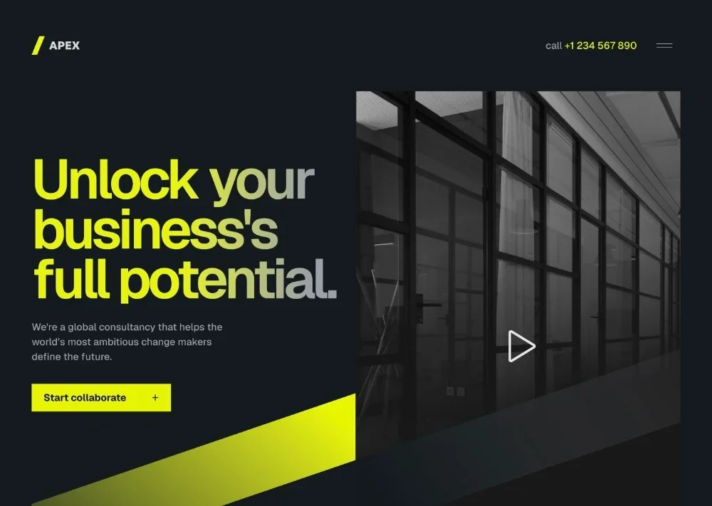 Site prezentare firmă consultanță cu tipografie bold galben neon și fotografie birou modern