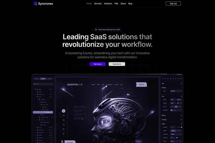 Interfața platformă SaaS cu tablou de bord modern și editor vizual dark purple