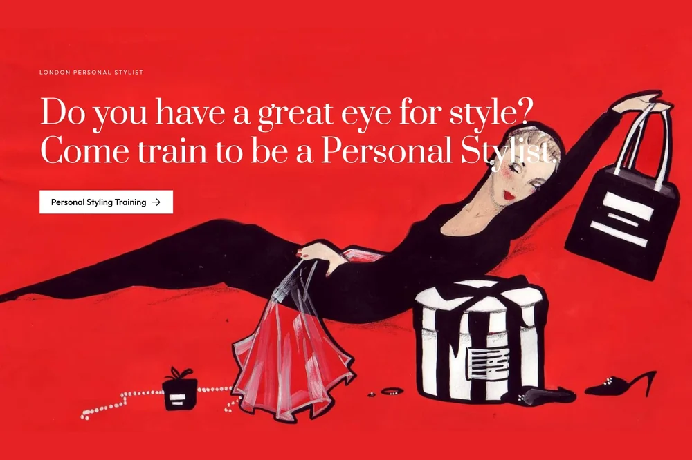 Site editorial stilist personal cu ilustrație modă pe fond roșu vibrant și tipografie elegantă