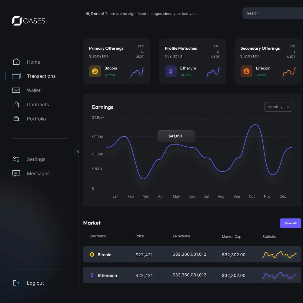 Dashboard aplicație crypto cu portofoliu Bitcoin și Ethereum, grafic câștiguri și date de piață