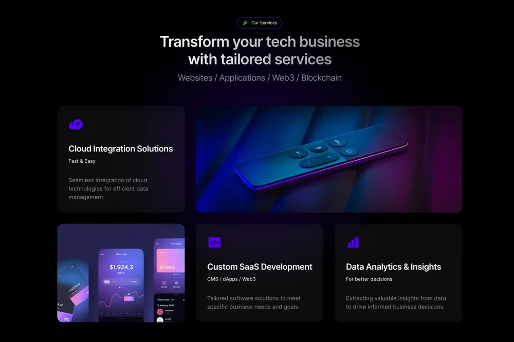 Site agenție tech cu servicii Web3 și blockchain, layout bento cu carduri aplicație mobilă fintech
